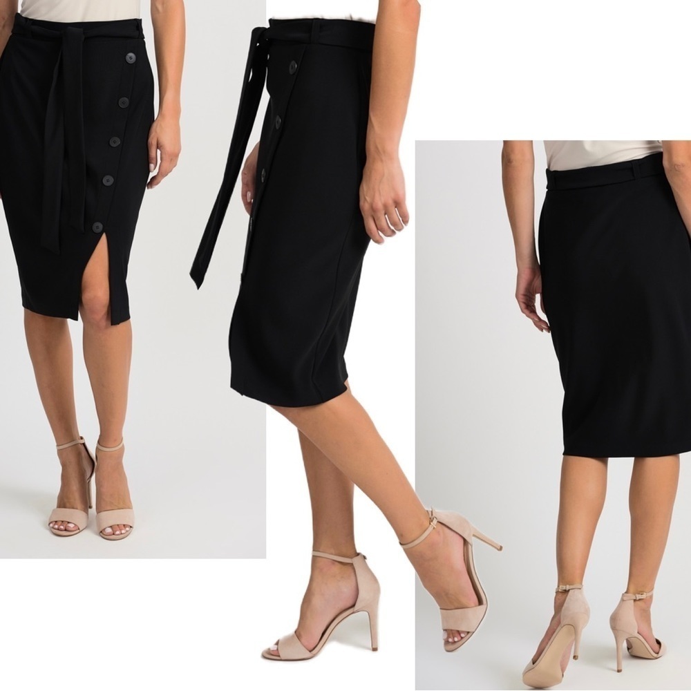 JOSEPH Ribkoff black BUTTON UP BELTED SKIRT Sz 14